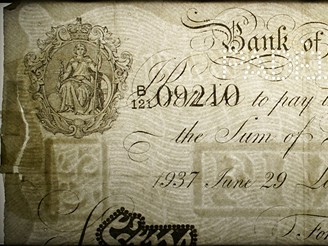Detail vodoznaku na falešné librové bankovka vyrobená přímo Adolfem Burgerem