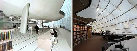 Vlevo HH architekti: Návrh novostavby NK, vpravo Norman Foster: Philologische Bibliothek der Freien Universität Berlin