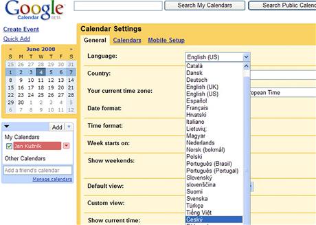 Google kalendář v češtině