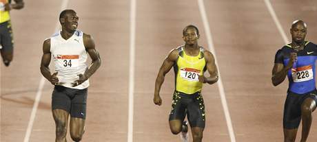 Usain Bolt (vlevo), Michael Frater (uprosted), Asafa Powell