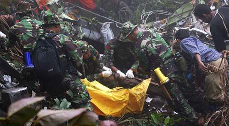 Indonétí vojáci prohledávají trosky letounu, který se ve tvrtek zítil do dungle. (28. ervna 2008)