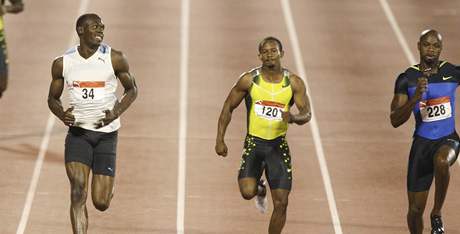 Usain Bolt (vlevo), Michael Frater (uprosted), Asafa Powell