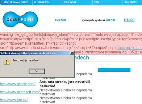 Web Czechpoint.cz pi zobrazení chyby. Ministerstvo ji rychle odstranilo. (25. ervna 2008)