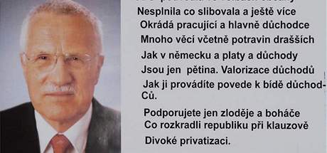 Leták hanobící prezidenta republiky Klause