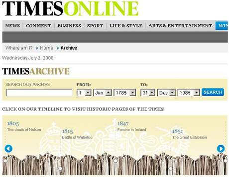 lánky v archivu lze hledat fulltextovým vyhledáváním. Times Online plánují v pítích msících do archivu pidat i novjí ísla a také edici Sunday Times.