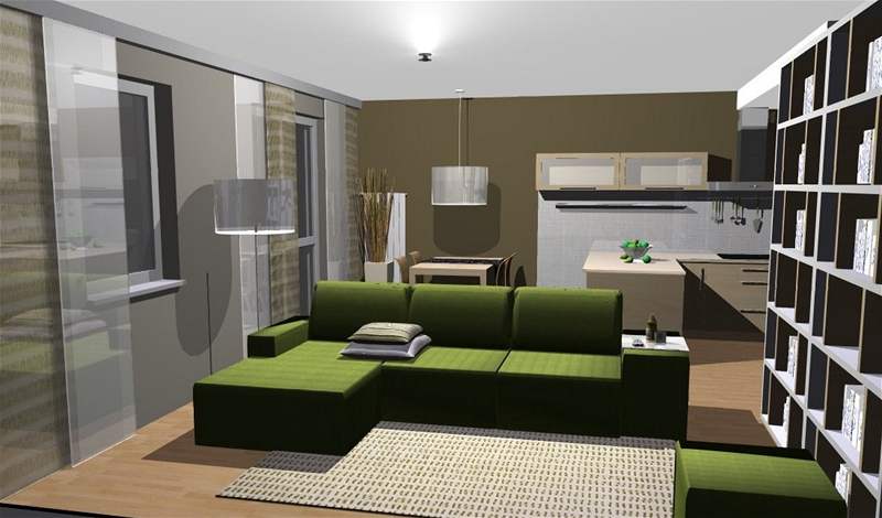 Obývací pokoj oivuje pohovka v syt zelené barv