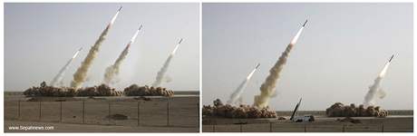 Údajn zfalovaná a pvodní fotografie testu íránských raket