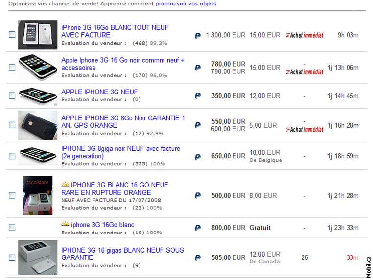 Ceny Apple iPhone 3G v rzných mutacích aukního serveru eBay
