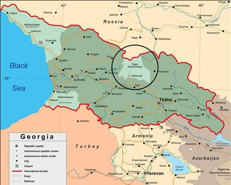 Gruzie s vyznačenou Jižní Osetií