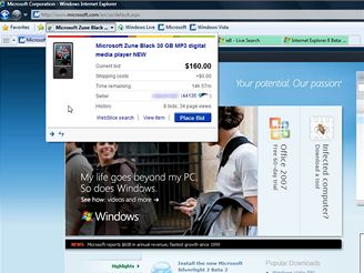 IE8 beta 2: Web Slices eBay