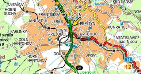 mapa . nehoda na R35 v Liberci (20.8.2008)