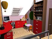 Nábytek je v desénu o�echového d�eva v kombinaci s �ervenou barvou.