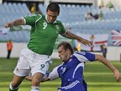 Slovák urica (vpravo) zastavúje skluzem Healyho ze Severního Irska bhem kvalifikaního utkání o MS. 