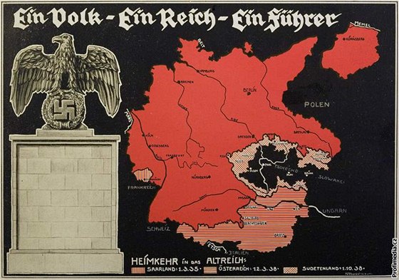 Nacistická propaganda: Území zabraná Hitlerem vetn eskoslovenského pohranií. Oblasti v Jeseníkách zaali henleinovci zabírat u týden ped konferencí v Mnichov.