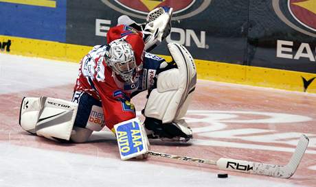 Pardubice - eské Budjovice: pardubický branká Martin Rika zasahuje mimo brankovit