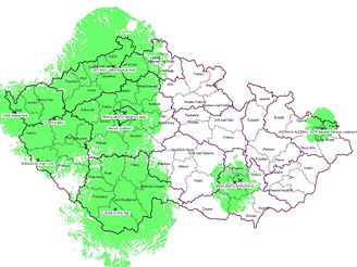 Orientační mapa pokrytí ČR sítí 1 (veřejnoprávní multiplex)
