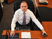 Lídr jihomoravské �SSD Michal Ha�ek p�i on-line rozhovoru