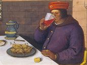 Jean Bourdichon (1457 - 1521): M욝an pije víno ze sklenného poháru, ne se pustí do pokrmu z malých peených pták, ilustrace z knihy Jídlo - Djiny chuti