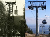 Vlevo p�vodní kabinka na �ernou horu z r. 1928 (snímek z Krkono�ského muzea) , vpravo kabinka z r. 2008