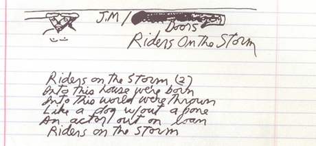 Rukopis textu psn Riders On The Storm (repro z knihy Jim Morrison)