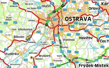 Mapa - havrie na Ostravsku
