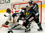 Mladá Boleslav - Znojmo, domácí P�urný brání hostujícího Hamana (v bílém).