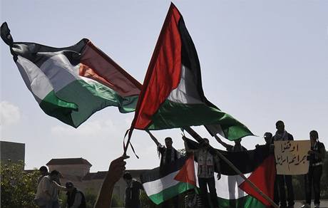 Protestanti v Dubaji mvaj palestinskmi vlajkami. (28. prosince 2008)