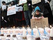 Íránská dívka na protestech proti izraelskému zásahu v pásmu Gazy. Ped izraelskou ambasádou v Tokyu se selo na 200 demonstrant. (30. prosinec 2008)