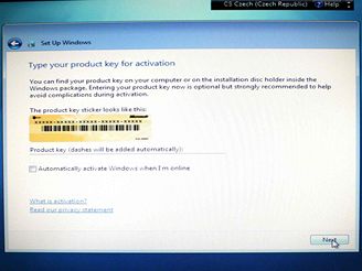 Vloen produktovho klce Windows 7