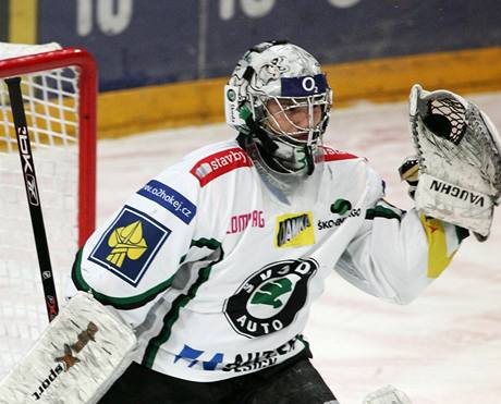 Filip indelá v hokejové brance a dresu Mladé Boleslavi.