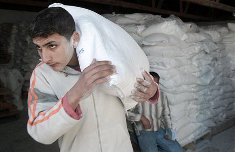 Palestinec si bhem thodinovho pm odn pytel s moukou, kter piputoval do msta Gaza dky humanitrn pomoci.