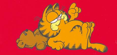 Garfieldovi (z obálky komiksu) staí ke spokojenosti málo: pelech a miska s jídlem.