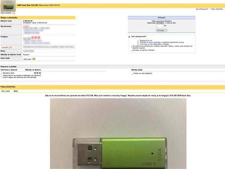 Ukázka jedné aukce na Aukro.cz s údajn 512GB klíenkou