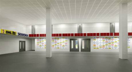 Mix zóna nového fotbalového stadionu v Brn, kde se budou setkávat hrái s novinái