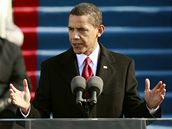 Americký prezident Barack Obama pednáí inauguraní projev. (20. leden 2009)