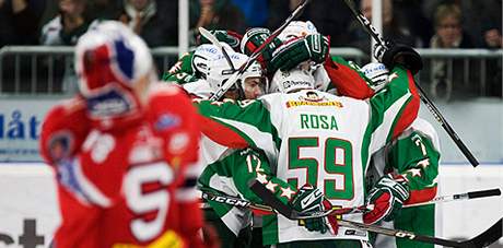 RADOST. Hokejový útoník Pavel Rosa oslavuje svou první trefu v dresu védského Rögle.