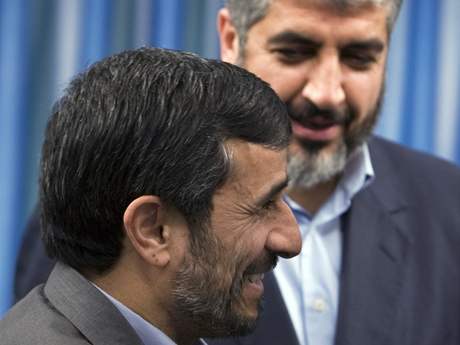 Khaled Meshaal, the political leader of Hamas and Iran's President Mahmoud Ahmadinejad 