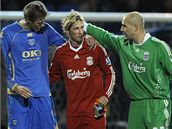 Stelci gólu Torresovi (uprosted) gratuluje spoluhrá z Liverpoolu gólman Reina (vpravo) a útoník Portsmouthu Crouch