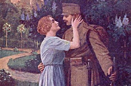 Klasický válečný pohled, rok 1918, loučící se milenci. František tu v roce 1918 píše z Vídně příteli, že očekává narukování na frontu