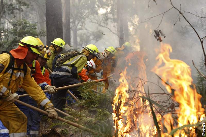 Australským hasim pomáhají Novozélanané poblí msta Reefton, východn od Melbourne (17. únor 2009)
