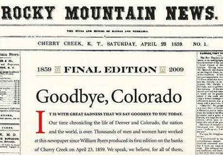 Poslední titulní stránka zaniklého coloradského deníku The Rocky Mountain News.