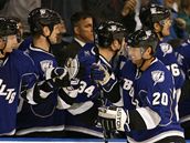 Václav Prospal (s íslem 20) pijímá gratulace spoluhrá po vstelené brance.