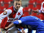 Slavia - Plze: (zleva) Trapp, Horvth a Hoek