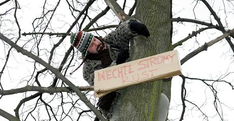 Aktivist brn stromy, kter se kc v parku u Lebny dlouhodob nemocnch ve Vysokm Mt (5. 3. 2009)