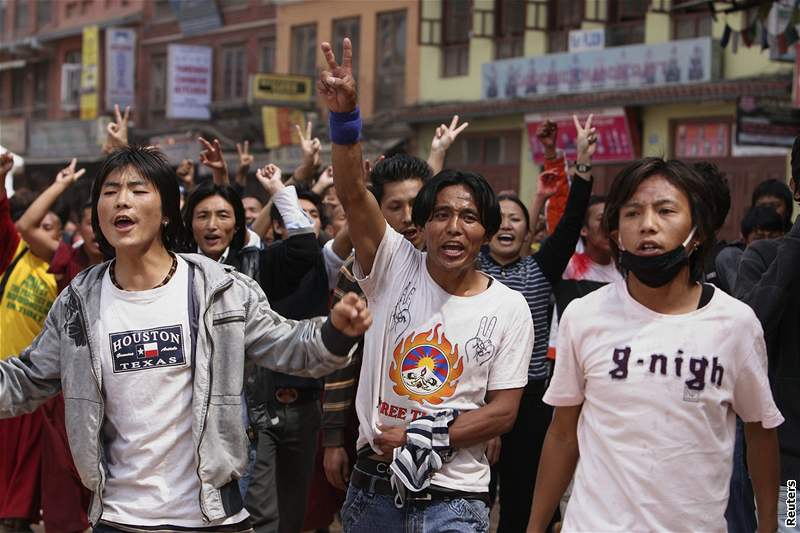 Protesty proti ínské nadvlád nad Tibetem v nepálském Káthmándú (10. bezna 2009)