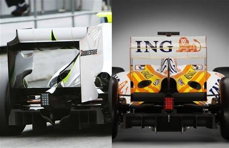 Porovnání difuzoru Brawn GP (vlevo) a Renaultu