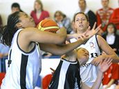 Tábor - Karlovy Vary: domácí hrá�ky Patricia Allyson Swailesová (vlevo) a Veronka Nováková brání karlovarskou Janu Houdkovou.
