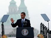 Americk prezident Barack Obama pi projevu na praskm Hradanskm nmst (5. dubna 2009)