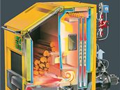 Kotel Pyromat ECO � hightech kotel v pr�myslovém provedení na kusové d�evo o délce 0,5 m � jmenovité výkony 32, 40, 48, 60, 64 a 76 kW a na kusové d�evo o délce 1 m, jmenovité výkony: 68, 80, 96, 120 kW.