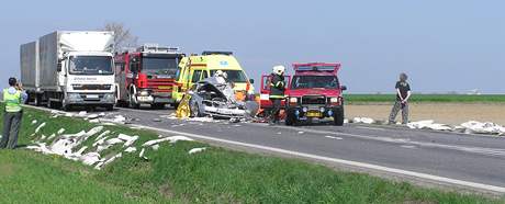 Mercedes po zásahu rolí papíru, která se uvolnila z kamionu u Bratonic na Mladoboleslavsku (14. dubna 2009)